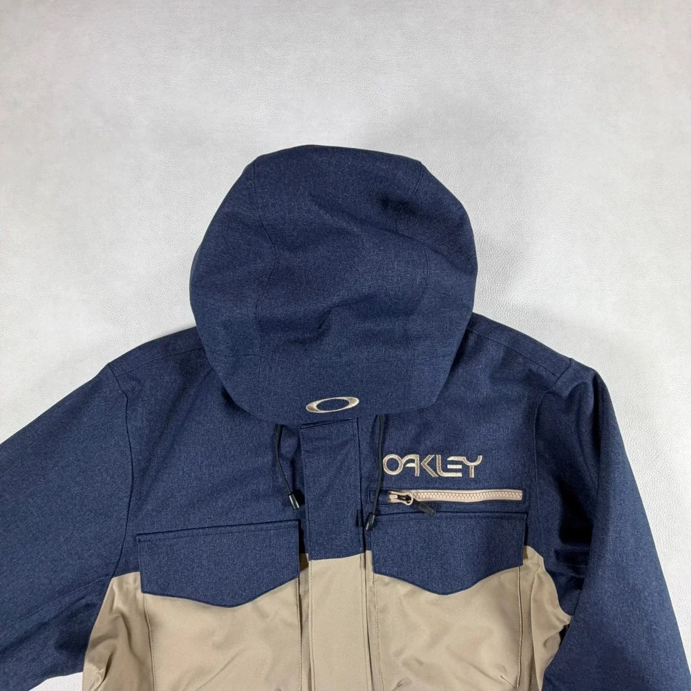 Oakley Pro Rider Series Parka Mens Medium Navy Blue Tan Hooded Ski Snow Jacket